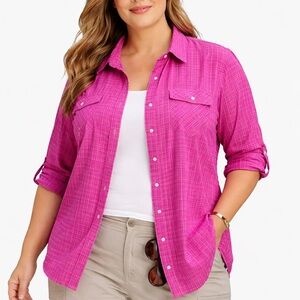 Eddie Bauer Travex Pink Plaid Button Front Shirt XXL Vented Pockets